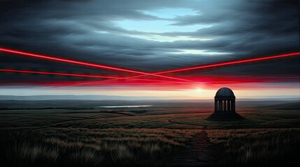 A gazebo stands in a field with red laser beams crossing the sky at sunset. The scene is dramatic and atmospheric.