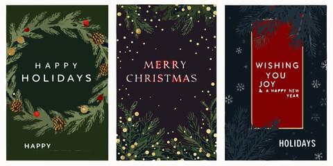 Festive christmas cards with floral wreath and joyful holiday greetings © SayanKumar