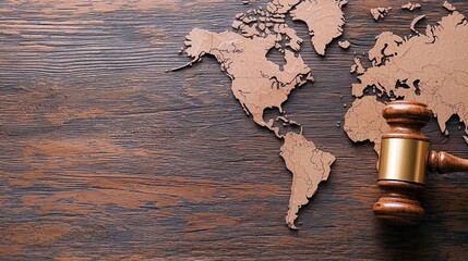 Close-up of a wooden gavel resting on a world map, symbolizing international law and justice on a wooden surface.