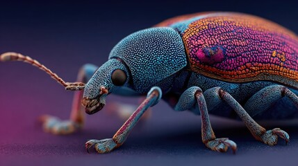 Fototapeta premium Beetle illuminated under ultraviolet neon light, glowing shell and intricate body textures captured in macro close-up with vibrant surreal ambient lighting environment