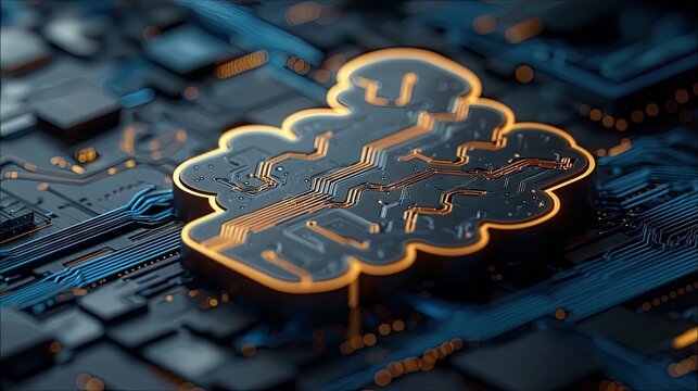 Close-up of a cloud computing circuit board with intricate details and glowing elements, representing technology and data storage.