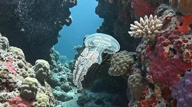 A large, ethereal jellyfish drifts slowly through the deep blue ocean water, surrounded by vibrant, detailed coral reef structures, perfect for nature documentaries and marine conservation campaigns.