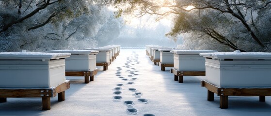 Snow-covered beehives surrounded by frosty trees in a serene landscape during winter morning light