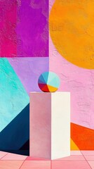 A colorful geometric ball sits on a white pedestal in front of a textured wall with abstract shapes and shadows.
