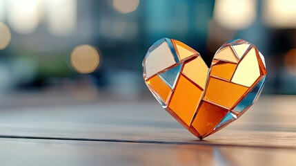 A close-up shot of a geometric heart made of glass or crystal, resting on a wooden surface with a blurred bokeh background.