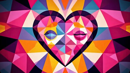 A colorful geometric artwork featuring a heart shape composed of triangles, with eyes and lips inside. The image is bright and vibrant.