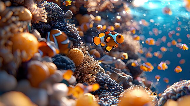 A vibrant underwater scene featuring clownfish swimming near a colorful coral reef. The image captures the beauty of marine life.