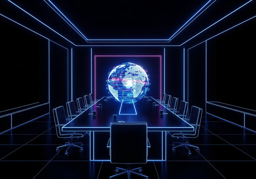 Futuristic global meeting room concept with neon lights