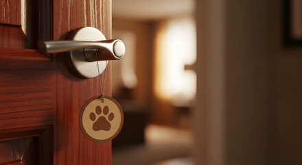 Naklejka na ściany i meble Door ajar revealing a cozy home with a dog paw shaped tag hanging on the handle Warm inviting atmosphere representing pets adoption safety security and welcome Home comfort