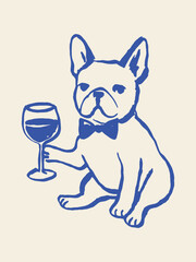 Obraz premium French bulldog with wine glass sketch vector illustration