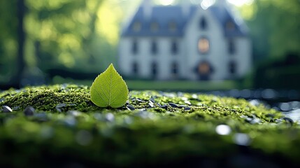 A single green leaf rests on a bed of moss in the foreground, with a large house blurred in the background, outdoors during the day.
