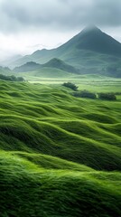 A scenic landscape featuring rolling green hills, mountains, and a cloudy sky. The image evokes a sense of peace and tranquility.