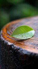 Close-up of a vibrant green leaf with water droplets resting on a wet, wooden surface, with a blurred green background, capturing a natural and fresh mood.