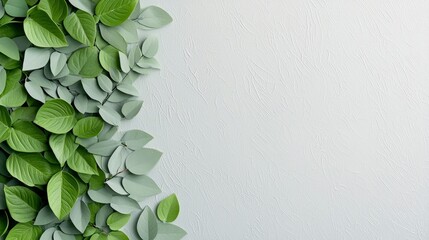 A vibrant composition featuring lush green leaves cascading down a white textured wall, creating a natural and refreshing background.