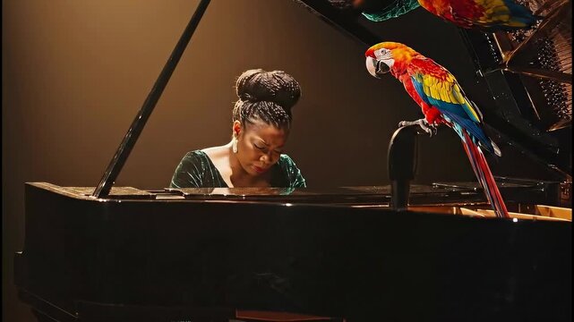 African American woman playing a grand piano intently while a colorful parrot sits beside her for artistic expression concept and creative harmony