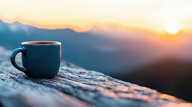 A blue coffee mug sits on a wooden surface, with a blurred mountain range and sunrise in the background. - Powered by Adobe