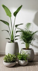 Fototapeta premium Lush houseplants in modern concrete planters indoors