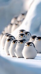 A group of cute penguins standing together on a snowy surface, illuminated by bright sunlight.