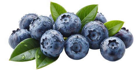 Close up of fresh blueberries with green leaves and water droplets, showcasing their rich blue color and natural texture