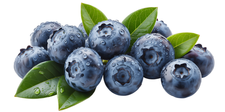 Close up of fresh blueberries with green leaves and water droplets, showcasing their rich blue color and natural texture