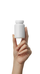 Woman's hand holding white pill bottle on transparent background, medication and supplements for healthy living