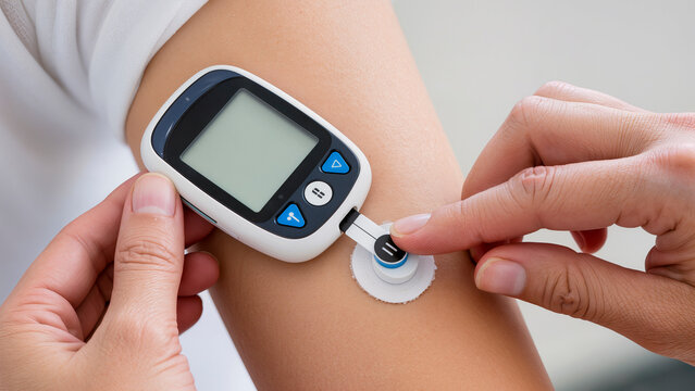 Continuous Glucose Monitoring (CGM): person scanning the readings of a CGM sensor (FreeStyle Libre or similar) on the arm.