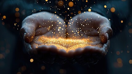 Close-up of two hands cupped together, holding and interacting with golden glowing particles against a dark background.