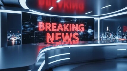 Stay informed with dynamic breaking news studio set and cityscape backdrop, perfect for news broadcasts and global event coverage in a modern setting