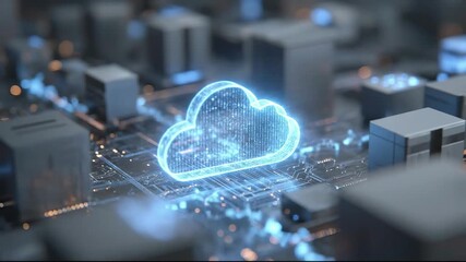 A glowing blue digital cloud icon hovers over a complex circuit board with city-like structures and glowing pathways - Powered by Adobe