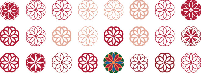 Colorful geometric floral icons arranged in a seamless pattern featuring bold outlines, decorative symmetry, abstract petals, and vibrant ornamental graphic elements