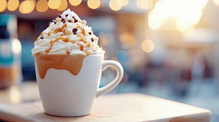 A close-up of a coffee drink with whipped cream, chocolate chips, and caramel drizzle, sitting on a wooden table. The background is blurred with bokeh lights, c