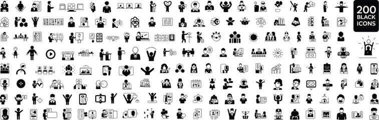 Comprehensive Black Icon Set of 200 Business, Communication, Teamwork, and Technology Symbols for Professional, Digital, and Presentation Design Use
