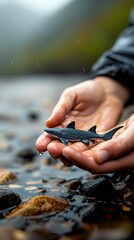 A person's hands cradling a toy shark, with water droplets, in a natural outdoor setting on a rainy day.