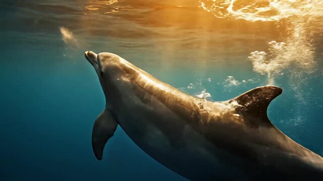 Bottlenose dolphin swimming majestically underwater near the surface, releasing a puff of air with golden sun rays streaming down, perfect for wildlife documentaries and ocean travel promotion.