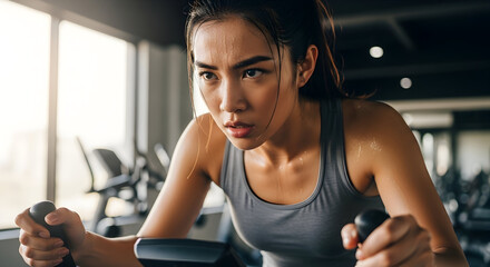 Fototapeta premium Intense Cardio Workout A Dedicated Woman's Journey to Peak Fitness in the Gym Indoor Cycling for Health and Wellness Sweating It Out in the Pursuit of Physical Strength