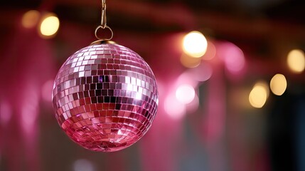 Obraz premium Shining pink disco ball hanging against soft glowing lights, creating a festive atmosphere for an event or celebration