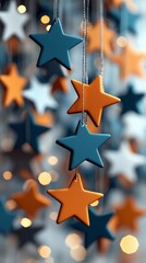 Close-up of hanging star decorations in various colors, with bokeh lights in the background, creating a festive and dreamy atmosphere.