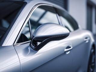 Sleek modern silver vehicle featuring aerodynamic side mirror and smooth metallic body reflecting natural light in an urban setting
