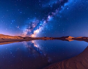 Calm lake reflects a starry night sky over sand dunes, under a vivid Milky Way galaxy