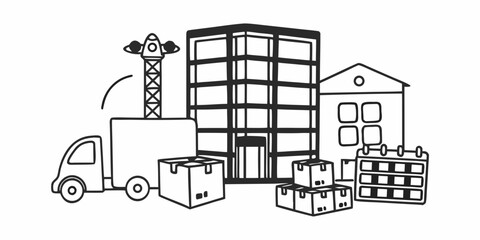 Fototapeta premium Schematic illustration of a business relocation process, featuring a delivery truck, cargo boxes, and modern office buildings with a crane