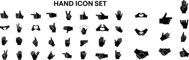 Hand gesture icon set featuring various signs, expressions, finger poses, communication symbols, silhouette hands, and creative gesture illustrations for design use.