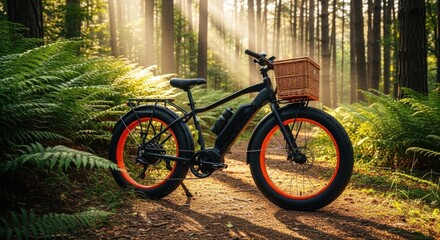Fototapeta premium Fat tire electric bike with basket in forest sunlight
