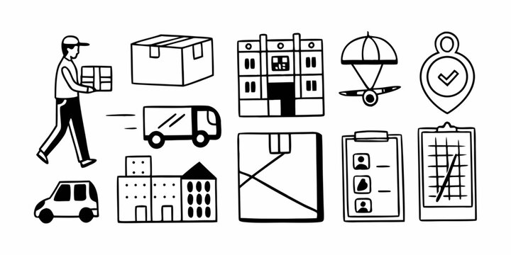 Delivery and Shipping Icons Express Mail, Transportation, Logistics, and Package Handling