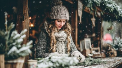 Vendor compressing fresh fir into mesh wrap at winter holiday tree selling stand