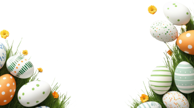 Easter eggs on grass border with flowers on transparent background