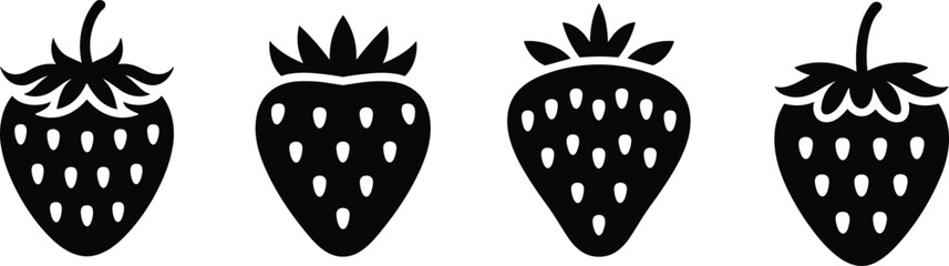 Set of Stylized Strawberry Silhouettes with Unique Leaf Patterns and Seed Details for Botanical, Culinary, and Graphic Design Projects