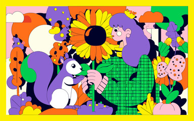 Naklejka premium Woman With Sunflower and Squirrel in Fantasy Garden