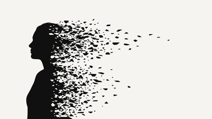 Silhouette of a womans head dissolving into fragments