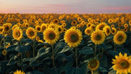 Obraz premium Sunflower field at sunset