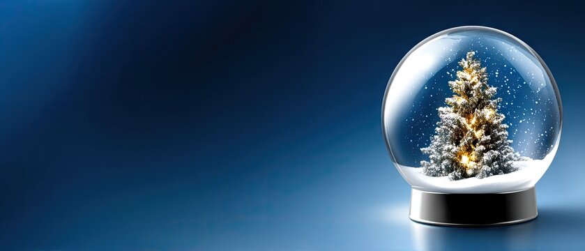 Snow globe with a decorated Christmas tree surrounded by falling snowflakes against a dark blue background